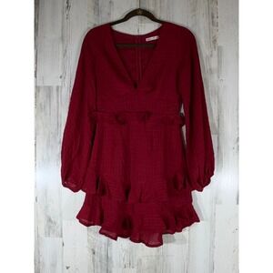 Saints Secrets Mini Dress Size XS Dark Red Burgundy Plaid Textured Ruffle V Neck